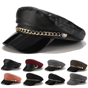 Women Retro PU Leather Newsboy Cap British Style Woolen Beret Hat With Metal Chain Fashion Navy Cap Winter Warm Painter Hat