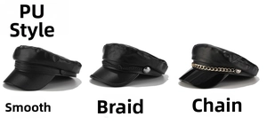 Three black PU leather newsboy caps featuring plain, braided, and metal chain decorations