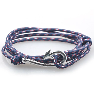 Handmade nautical anchor rope bracelet with silver fish hook clasp in red white and blue