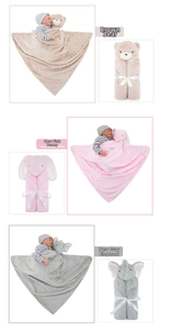 Detailed views of animal plush security blankets for babies in bear, rabbit, and elephant designs