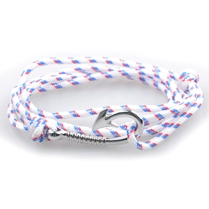 Detail of nautical multi-layer braided rope bracelet with silver anchor hook clasp