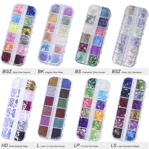 Detailed grid view of 12-slot boxes featuring aurora laser nail sequins and shell flakes
