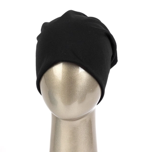 Close-up of black double-layer knitted beanie on a silver head model for fit detail