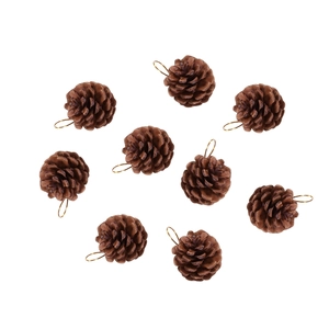 Set of 9 natural brown pine cones with gold hanging loops for Christmas tree decoration