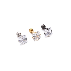 Square zircon stud earrings in silver, gold, and black steel on a white background