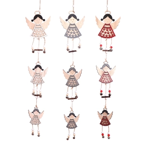 Christmas wooden angel ornaments in white grey and red with hollow star and bells