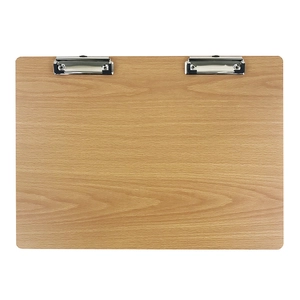 Dual metal clips on a light wood grain clipboard in a horizontal landscape layout