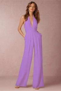 Detail of the deep V-neck and halter open back design on this purple summer jumpsuit