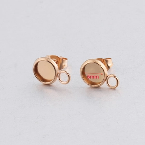 Rose gold stainless steel earring studs with 6mm bezel setting and hanging loop detail