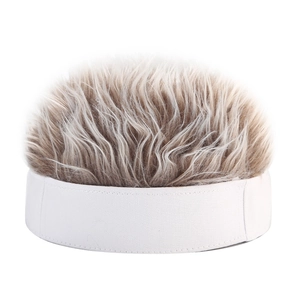 Close-up detail of textured fabric visor and messy synthetic light brown wig hair