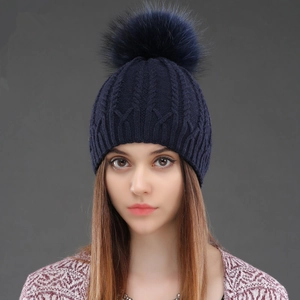 Women Winter Wool Knitted Beanie Hat With Real Raccoon Fur Pom-pom Detachable Cable Knit Chunky Warm Skull Cap Outdoor