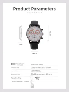 Detailed dimension chart showing 40mm quartz watch case and leather strap specifications