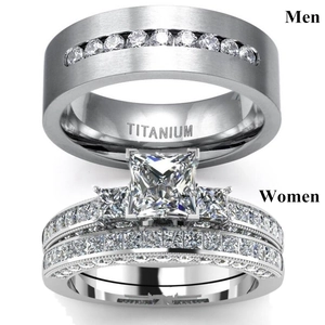 Couple Ring Alloy Crystal Zircon Princess Cut Brushed Finish Wedding Engagement Jewelry For Men And Women