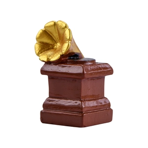 Vintage resin phonograph model with brown base and golden horn for home decor