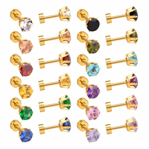 Set of 12 pairs of golden stainless steel stud earrings with colorful cubic zirconia
