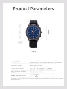 Dettagli dell'orologio al quarzo con quadrante da 44mm e cinturino in pelle cucito blu