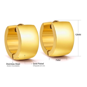Detail view of 12mm gold-plated stainless steel hoop earrings with 7mm width dimensions