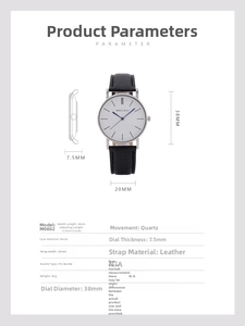 Detailed specs of MREURIO minimalist quartz watch with 38mm dial and black leather strap