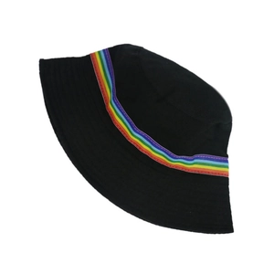 Classic black cotton bucket hat with rainbow stripe detail for casual sun protection