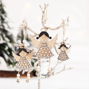 Nordic wooden angel Christmas ornaments with hollow star design and metal bells