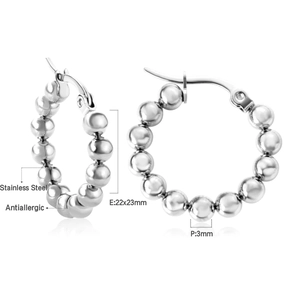 Detailed view of 22x23mm antiallergic stainless steel beaded hoop earrings in silver