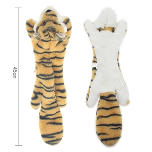 Flat squeaky tiger plush dog toy with 45cm length and realistic striped faux fur texture