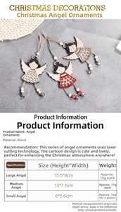 Detail of laser-cut wooden angel ornaments in various sizes for Christmas decor