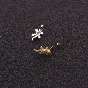 Gecko-shaped stainless steel stud earrings in silver and gold with clear zircon stones