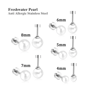Detail showing five sizes of freshwater pearl earrings on anti-allergic stainless steel posts