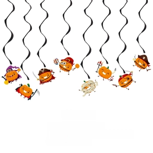 Close-up of Halloween spiral pendants featuring diverse cartoon pumpkin characters and bats