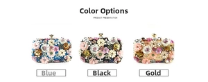 Three elegant evening bags in blue, black and gold with handmade beaded floral decor