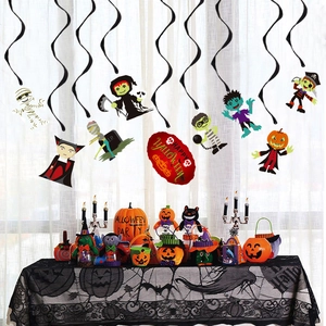 Detailed Halloween party set-up with spiral hangers featuring cartoon spooky characters