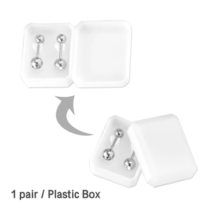 Detailed view of 1 pair of silver barbell studs with white rhinestones in a plastic box
