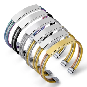 Stainless Steel Wire Cable Bangle Bracelet Adjustable Open Cuff Twisted Design Rectangular Metal Plate Men Women