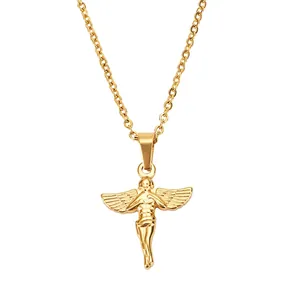 Polished gold stainless steel angel wing pendant necklace on a minimalist O-chain link