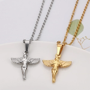 Street style angel pendant necklaces in gold and silver finish on white tray