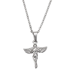 Silver stainless steel angel wing pendant necklace with delicate link chain for women