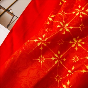 Close-up of red sun shawl fabric featuring golden snowflake patterns and twill texture