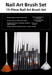 Close-up of 15pcs white nail art brush set featuring various nylon fiber brush tips
