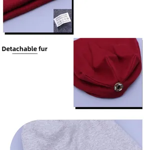 Detail van wintermuts met afneembare bontknoop en label van katoen en viscose materiaal