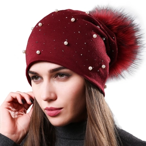 Women's burgundy cotton beanie with pearls and large pom-pom, elegant winter hat
