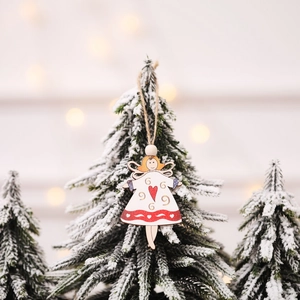 Creative wooden angel Christmas tree ornament with red accents and a rustic hanging cord