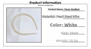 Detail of 35cm white pearl headband with 12mm gradient size pearls on silk background