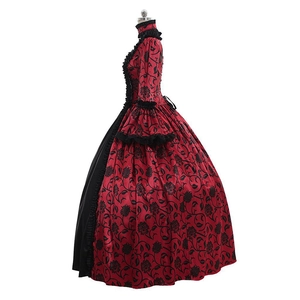 Victorian vintage court gown in red and black floral print with lace flared sleeves