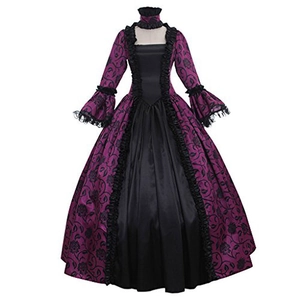 Victorian gothic party dress in purple and black with vintage floral patterns and flare sleeves
