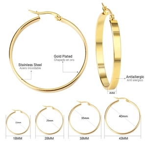 Size comparison chart for gold plated stainless steel hoop earrings in four diameters