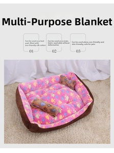 Detailed view of 3-in-1 pet bed set with brown corduroy and pink paw print fleece