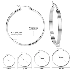 Size chart showing stainless steel hoop earrings in four diameters with 4mm width