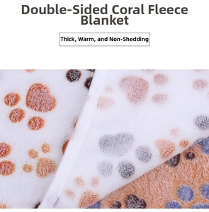 Close-up of thick double-sided flannel pet blanket with colorful paw print patterns