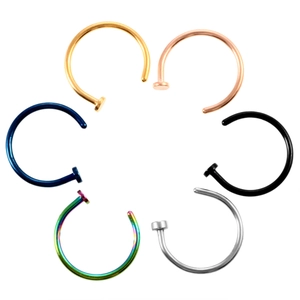 Set of 6 colorful stainless steel C-shaped nose rings in gold, black, and rainbow finishes
